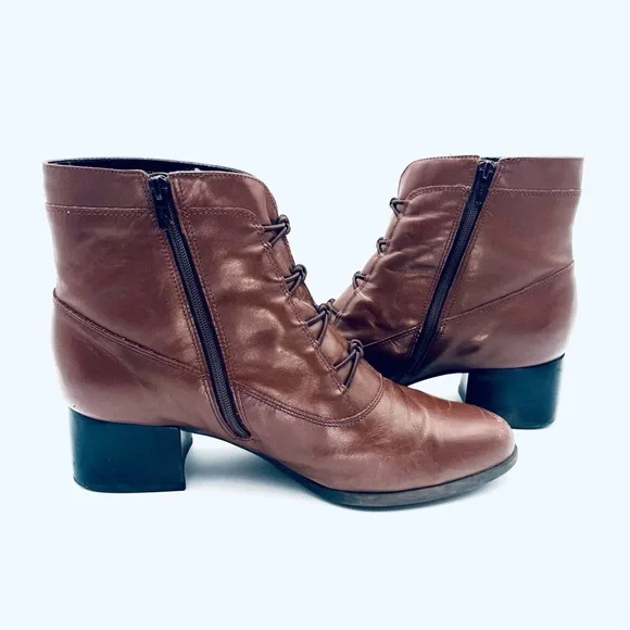 VTG 90s Brown Leather Boots Ankle Inner Zipper 2” Heel Sz 9 - Picture 6 of 7